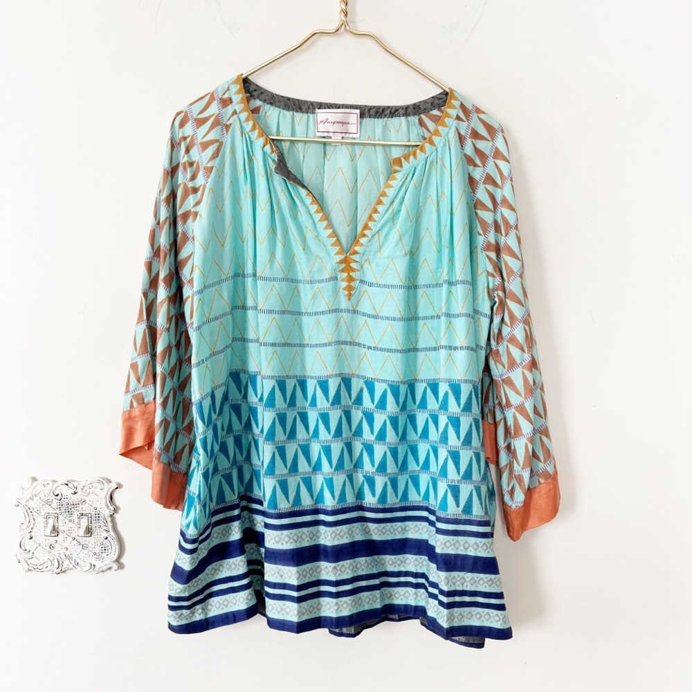 Anthropologie Anupamaa Blue Aztec Geometric Silk Tunic Top XS S/M